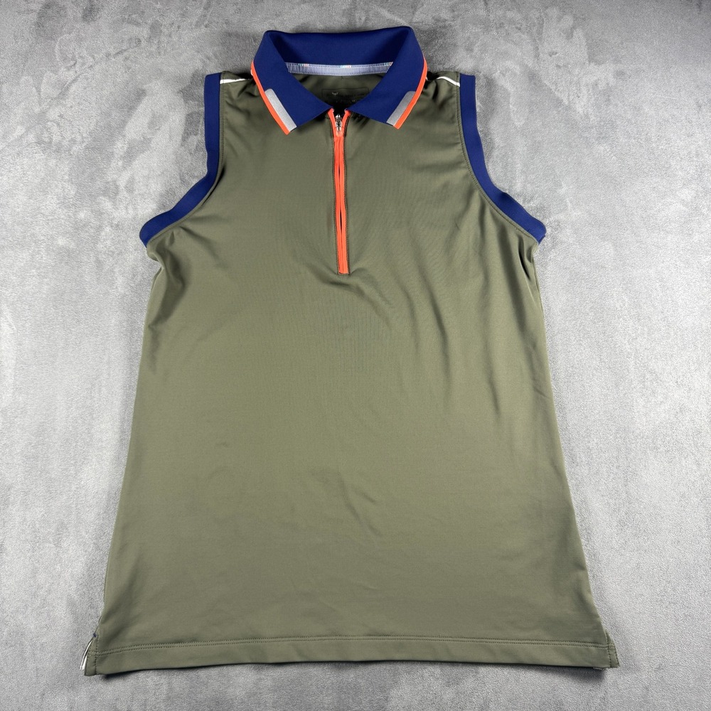 Peter Millar Womens Sleeveless Golf Polo Olive Green Orange Navy Quarter Zip S